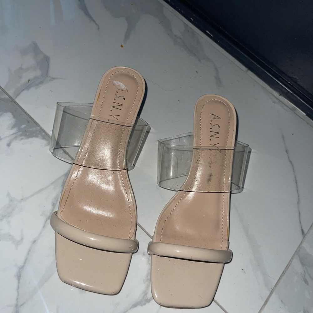 Cream Block Heel Sandals with Transparent Straps